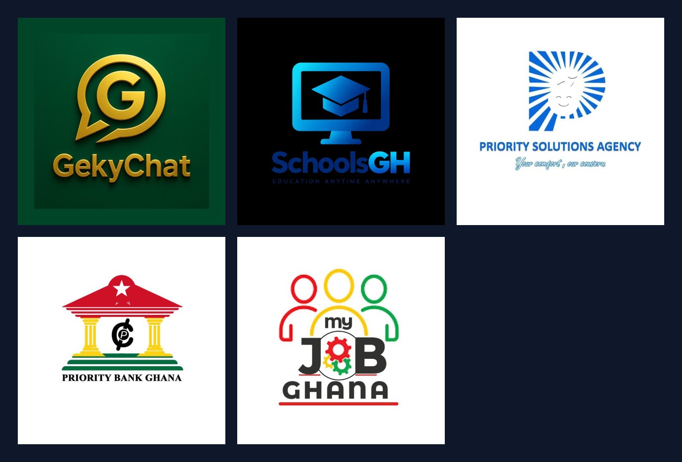 Logo design samples by GekyMedia — GekyChat, SchoolsGH, Priority Solutions, Priority Bank, myJOB Ghana
